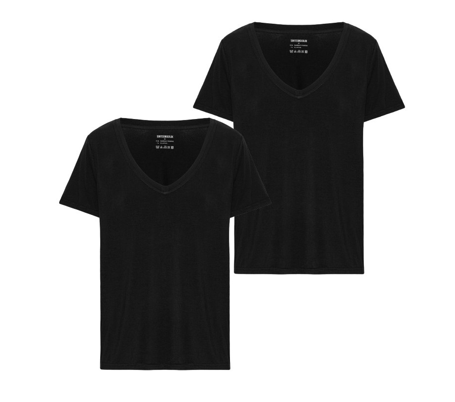 2-pak bambus t-shirt med v-hals til damer, sort str. 2XL