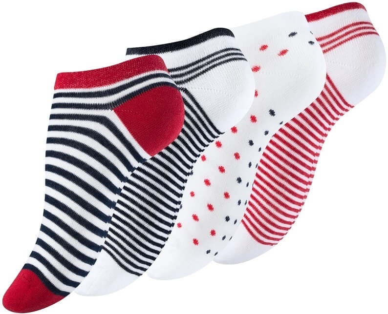4-pak footies til damer, "dot stripe" rød, hvid, navy